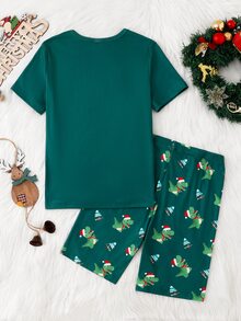 Teen Girl Santa Claus Autumn/Winter Pajamas Christmas Tree Stretchy Ribbed Snug Fit Short Sleeve Shorts Crew Neck Top Print Allover Letter Green - Dark Green - View 3