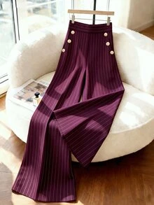 SHEIN LUNE CURVE Plus Striped Print Button Decor Wide Leg Pants Fall - Burgundy - View 4