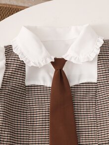 SHEIN 青少年女孩秋季套裝 2件/組 粉色與白色格紋領拼接學院風可愛開襟衫，泡泡袖 - 彩色 - 查看 5