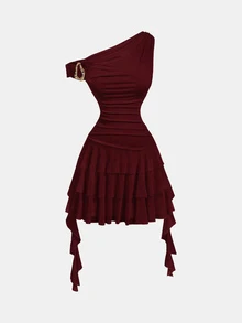 Skyraze Women's Solid Color Metal Design Asymmetrical Shoulder Pleated Ruffle Hem Fashion Mini Dress - Burgundy - View 3