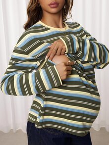 SHEIN ملابس علوية طويلة الأكمام مخططة بألوان متباينة للحوامل والرضاعة - متعدد الألوان - مشاهدة 3