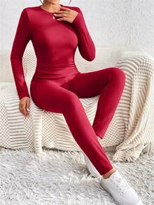 Chiquease 女款冬季純色加厚保暖內裡兩件套 - 紅色 - 查看 3