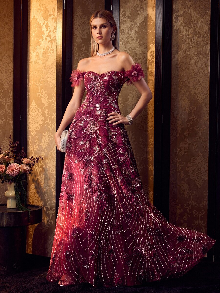 MOTF Soiréza ELEGANT OFF SHOULDER MAXI GOWN WITH BEADED EMBROIDERY PERFECT FOR FORMAL DINNERS,RED CARPET EVENTS - Burgundy - View 1