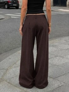 SHEIN PETITE 女款素色百褶口袋直筒寬鬆休閒長褲 - 棕色 - 查看 2
