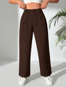 SHEIN PETITE 女款素色休閒百搭日常穿著長褲 - 咖啡棕 - 查看 4