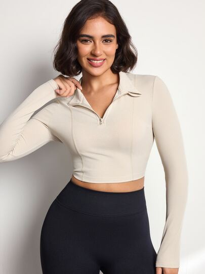 Easithlete Women's Sports Sweatshirt Ribbed High Elastic Fitness Casual Long Sleeve Pullover With Front Zipper