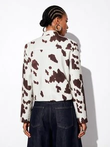 Aveloria GENKIRA Women's Fall Tweed Jacket, Off-White Colorblock Cow Print Animal Pattern, 3D Contrast Frog Buttons, Handmade Heavy Embellishment, Retro 70s Brunch - Multicolor - View 7
