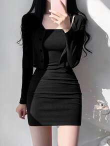 DAZY Women's Solid Color Long Sleeve Single-Breasted Top And Camisole Dress Casual 2 Pieces Set - Black - View 1