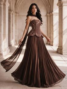 Coutiva Women's Floral Beaded Decor Elegant Cinched Waist Strapless Cocktail Dress - Brown - View 3