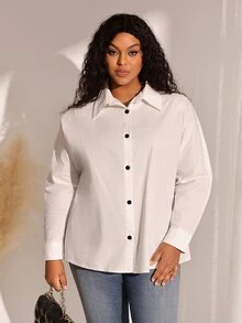BrightlyHer Plus Size White Button Front Shirt Collar Extra Long Sleeve Blouse Elegant Office Fall Winter 2026 - White - View 1