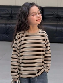 Dazy Kids Tween女孩條紋寬鬆休閒長袖基礎內搭T恤，秋季 - 卡其色 - 查看 8