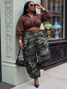 Slaydiva Plus Size Camo Print Cargo Pants, High Waist Multi Pocket Baggy Wide Leg Streetwear Trousers - Green - View 6