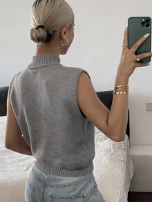DAZY Grey Semi-High Neck Patchwork Pearl Fitted Sleeveless Knit Top For Women - Grey - View 3