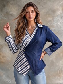 Ceyna Plus Size Long Sleeve Shirt With Denim Effect Patchwork, Striped Print, Colorblock And Single Button - Multicolor - View 3