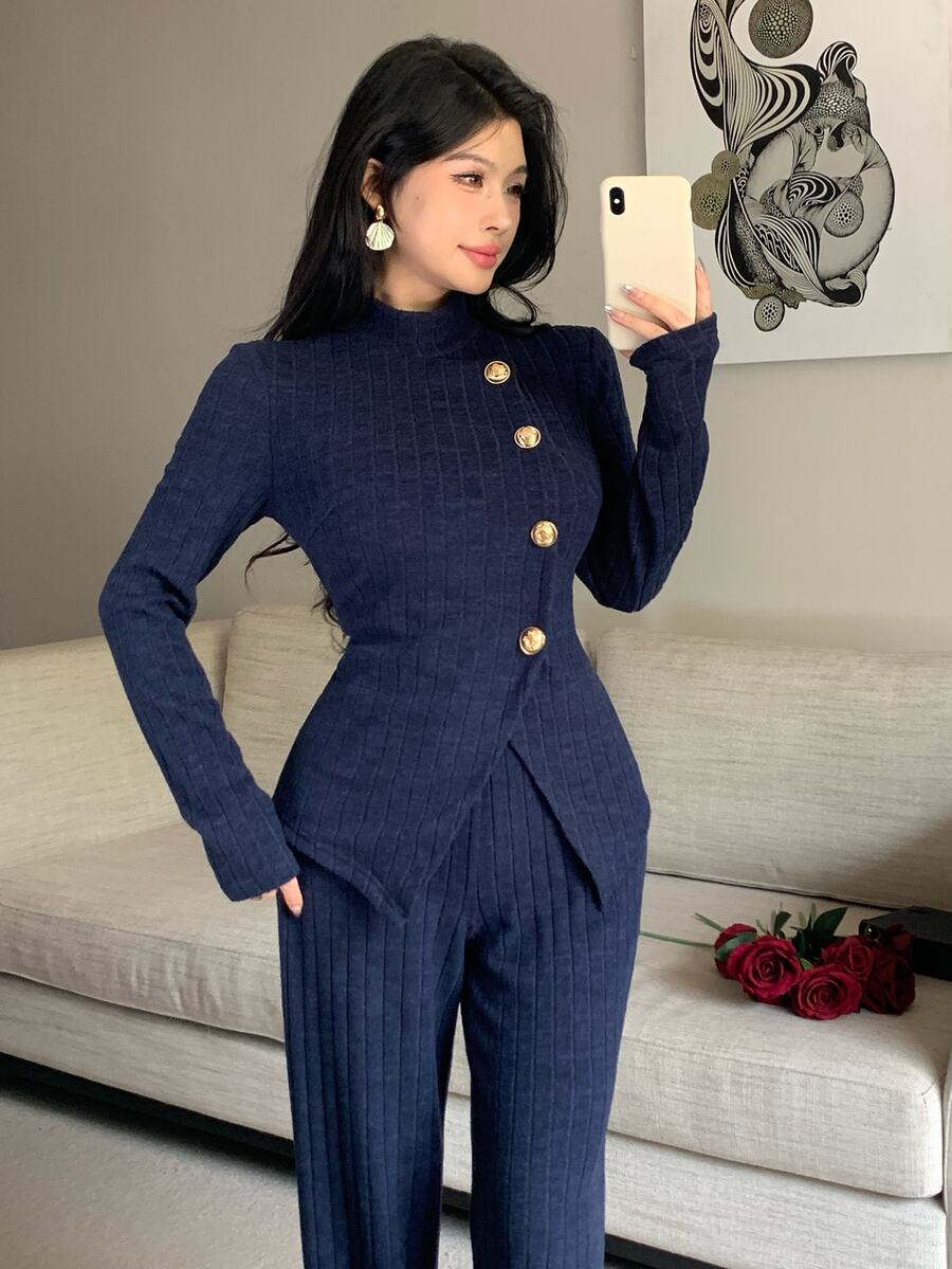 Feyla Women's Spring/Autumn Elegant Office Commute Solid Color Metal Button Open Front Slim Fit Top And Pants 2 Pieces Set - Royal Blue - View 1