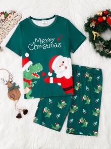 Teen Girl Santa Claus Autumn/Winter Pajamas Christmas Tree Stretchy Ribbed Snug Fit Short Sleeve Shorts Crew Neck Top Print Allover Letter Green - Dark Green - View 1
