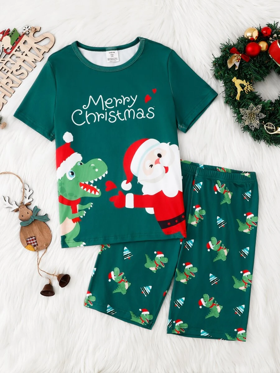 Teen Girl Santa Claus Autumn/Winter Pajamas Christmas Tree Stretchy Ribbed Snug Fit Short Sleeve Shorts Crew Neck Top Print Allover Letter Green - Dark Green - View 1