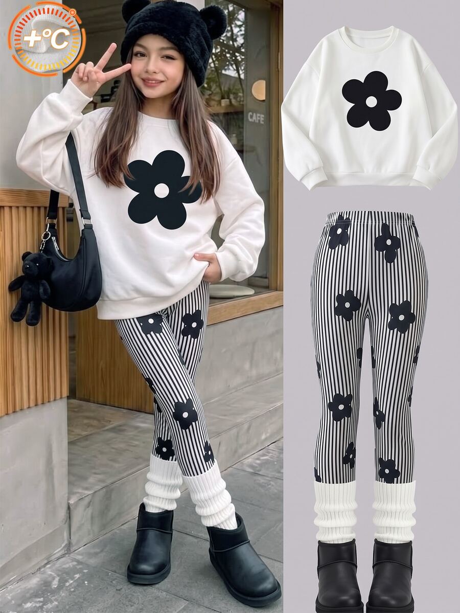SHEIN Sparklyn Girls Korean Style Energetic Brown Sweatshirt & Ribbon Bow Fitted Long Pants 2pcs Set, - Multicolor - View 1