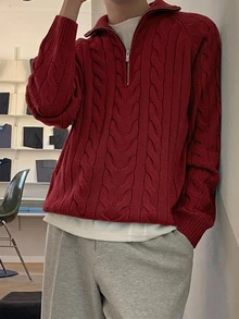 DAZY 男士酒紅色半拉鍊長袖針織衫，秋冬款 - 酒紅色 - 查看 4