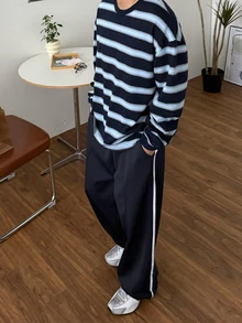 DAZY Spring/Autumn Navy Blue Color-Block Contrast Tape Design Loose Straight Leg Men's Pants - Navy Blue - View 3