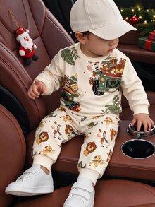 Infant Round Neck Long Sleeve Long Pants Casual Comfortable Set, Classic Christmas Pattern Print, Classic Cute Tiger Pattern Print, Christmas Tree Sloth Pattern Print, Classic Christmas Crocodile Pattern Print, Classic Animal Santa Claus Pattern Print, Classic Christmas Gift Pattern Print, Suitable For Christmas, Suitable For Autumn/Winter - Multicolor - View 1