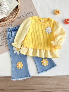 SHEIN 2pcs Toddler Girl Top Flare Jeans Sweet Yellow Blue Daisy Ribbed Ruffle Long Sleeve Round Neck Regular Holiday Spring Princess Birthday Raw - Yellow - View 1