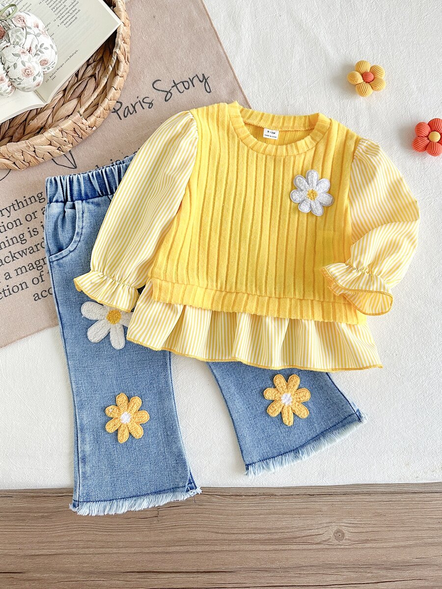 SHEIN 2pcs Toddler Girl Top Flare Jeans Sweet Yellow Blue Daisy Ribbed Ruffle Long Sleeve Round Neck Regular Holiday Spring Princess Birthday Raw - Yellow - View 1