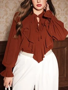 Auvina Plus Size Women's Solid Color Tie-Front Versatile Blouse With Ruffle Trim, Long Sleeve Cuffed, Fashionable Elegant Simple - Brown - View 5