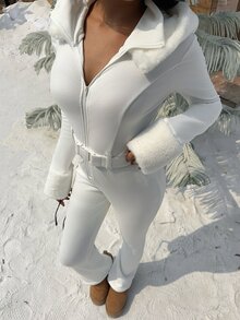 SHEIN EZwear White Knitted Long Sleeve Zip-Up Half-Placket Hooded Jumpsuit - White - View 3