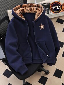 SHEIN Tween Girls Zip Up Hoodie Leopard Fleece Lined Print Jacket Sweatshirt - Blue - View 5