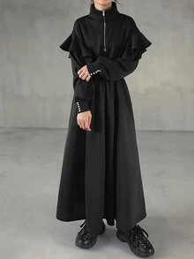 FRIFUL Women's Solid Color Zipper Half-Placket Patchwork Ruffle Hem Casual Long Dress - Black - View 3