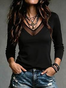SHEIN Tall Fashion Women's V-Neck Sheer Mesh Patchwork Long Sleeve Black Fitted Top - Black - View 1