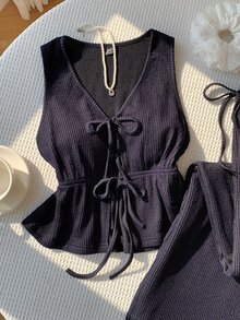 Comfortcana 女款極簡風綁帶背心與抽繩腰長褲兩件套 - 藏蓝色 - 查看 6