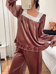 Napfluff Setelan Piyama Wanita Gaya Kerajaan Vintage Bahan Beludru dengan Bordir Renda Lengan Panjang dan Celana Panjang, 2 Potong - Dusty Pink - View 5