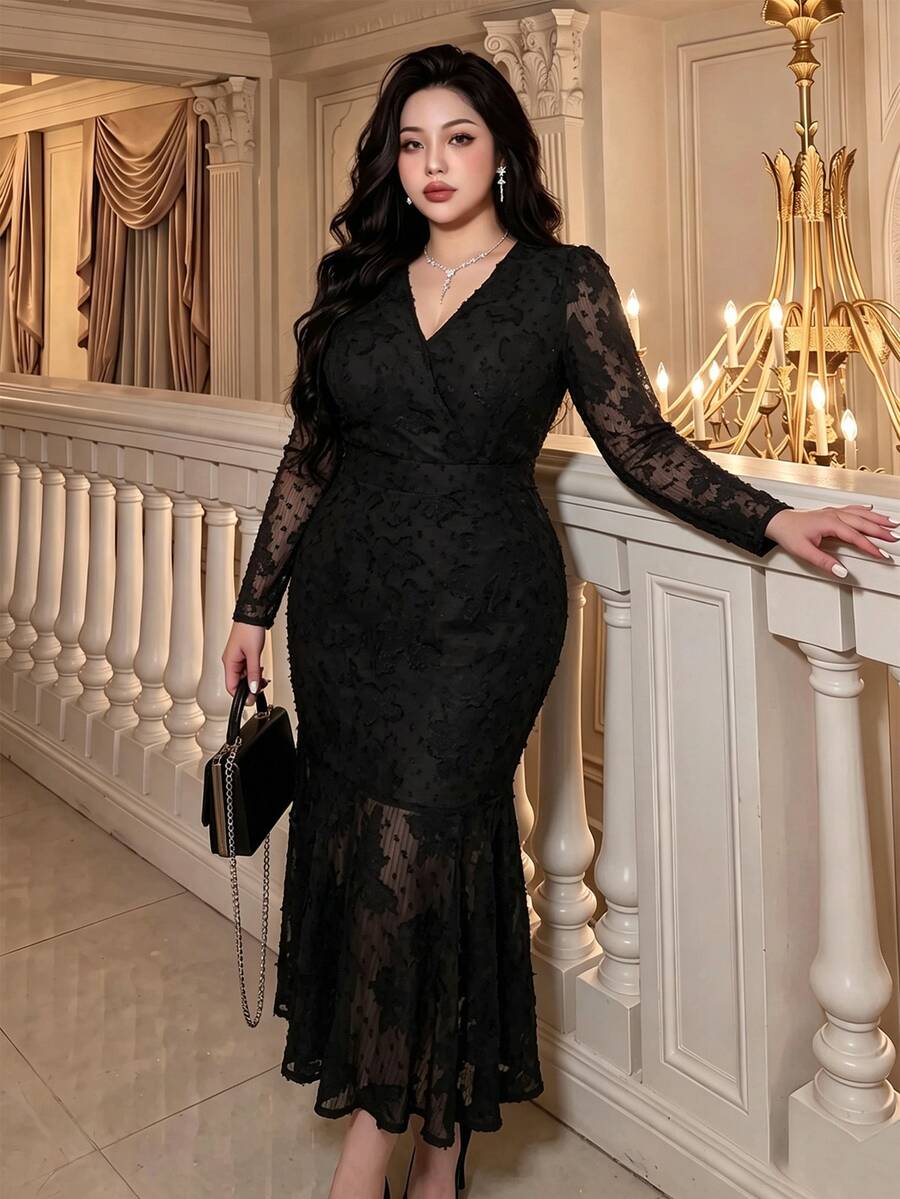 Vibekara Elegant French Style V-Neck Jacquard Fish Tail Hem Long Sleeve Plus Size Women's Dress For Early Autumn Commute And Party Fall - Black - View 1