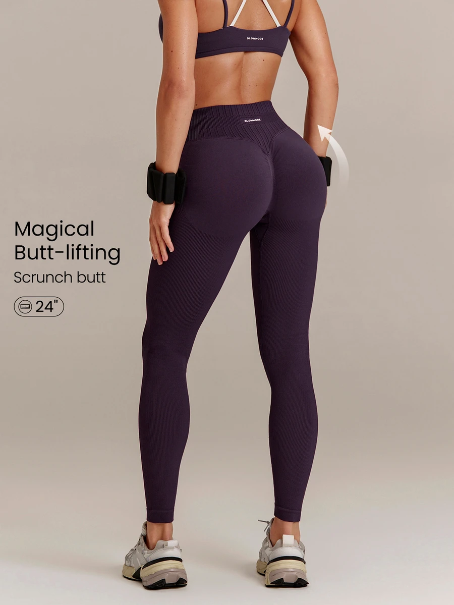 GLOWMODE 24" Second-Skin Seamless Go Anywhere Scrunch Bum Leggings With Ribbed Waist & Thigh Paneling Training Workout Gym Fitness Active Wear - Bold Plum - View 1