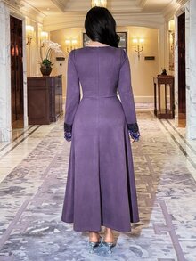 Feyla Chic Women's Violet Tone Midi Dress With Intricate Embroidered Cuff Details Perfect For Special Occasions - Purple - View 4