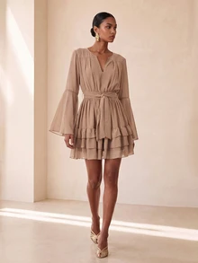 Vesra Women's Solid Color Notch V-Neck Bell Sleeve Fashion Short Dress - Khaki - View 4