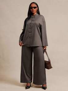 SHEIN SXY Brown Chinese Style Long Sleeve Frog Button Shirt And Pants 2 Pieces Set Fall - Brown - View 5