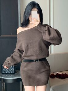 DAZY Women's Solid Color One Shoulder Long Sleeve Fitted Fashion Knit Dress - Brown - View 5