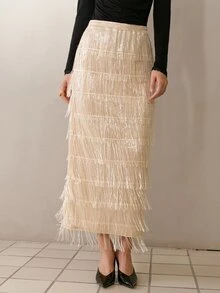 MOTF PREMIUM WOMEN'S TASSEL DESIGN FASHION VERSATILE SKIRT - Champagne - View 3