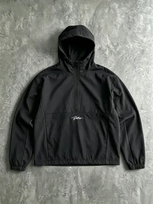 Manfinity Roghcode Men Letter Graphic Colorblock Half Zip Hooded Jacket - Black - View 1