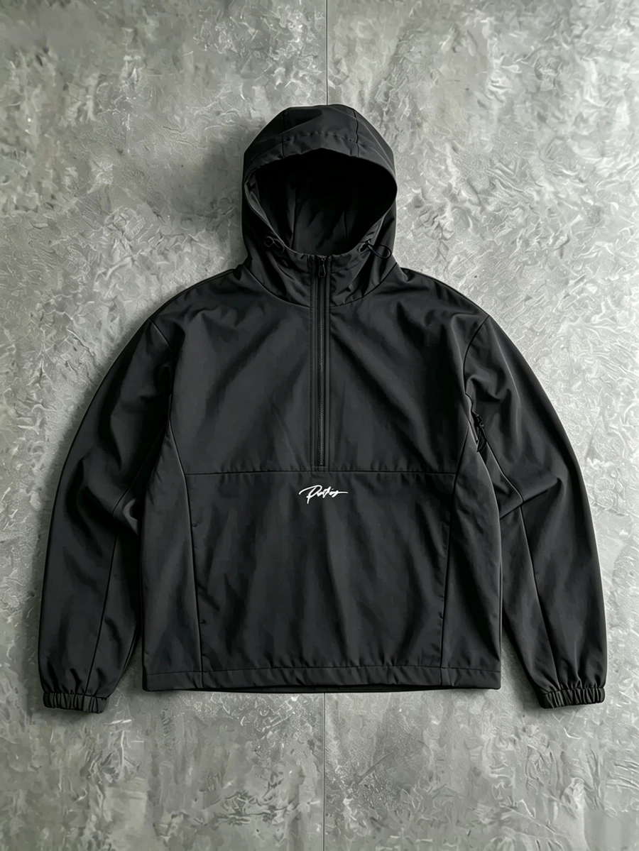 Manfinity Roghcode Men Letter Graphic Colorblock Half Zip Hooded Jacket - Black - View 1