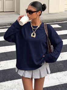 Muchica 95%棉女款休閒街頭寬鬆短袖T恤，女款夏季服飾，女款街頭穿搭深藍色 - 藏蓝色 - 查看 4