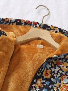 SHEIN 少女款米色長袖休閒連帽外套，抓絨面料，秋季服飾，酷女孩風，可愛時尚經典，梭織花卉圖案，長款拉鍊開襟 - 彩色 - 查看 5