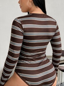 Solflare Plus Size Casual Colorblock Striped Knit Fitted Square Neck Long Sleeve Bodysuit, Suitable For Autumn/Winter - Multicolor - View 2
