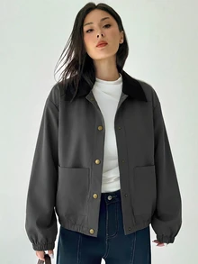 Aloruh 女款素色長袖單排扣休閒夾克 - 灰色 - 查看 4