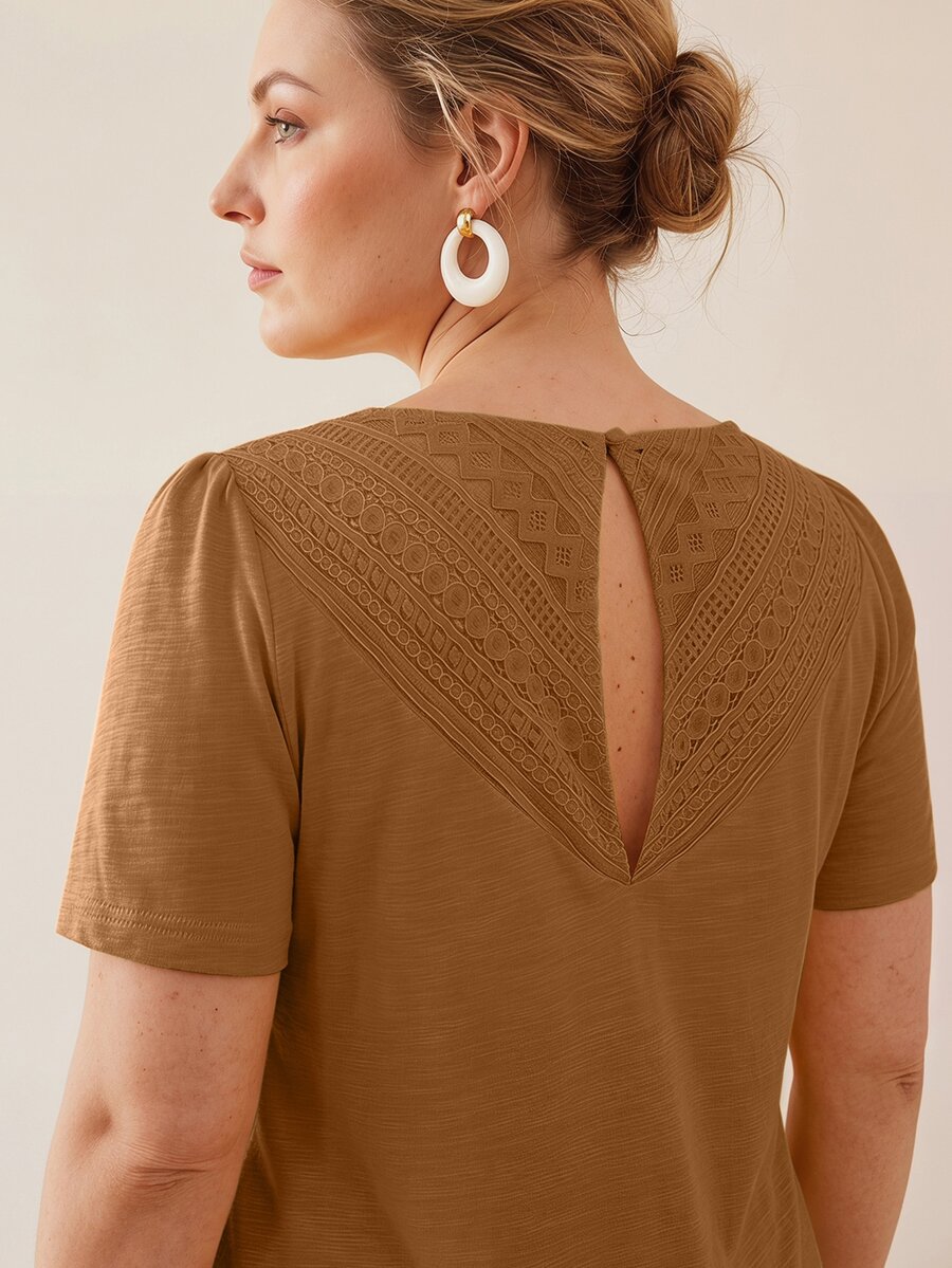 MOTF PREMIUM 100% PURE COTTON PALE YELLOW TEXTURED LACE PATCHWORK WOMEN'S SHORT SLEEVE TOP - Khaki - View 2