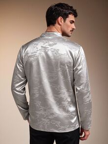 ZURIURI Men's New Chinese Style Elegant 80s Sexy Loose Draped Long Sleeve Shirt Rave Soiree Silver Fall - Multicolor - View 6