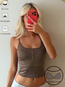 Livesso Atasan Camisole Kasual Wanita Warna Polos dengan Desain Kancing - Khaki - View 5